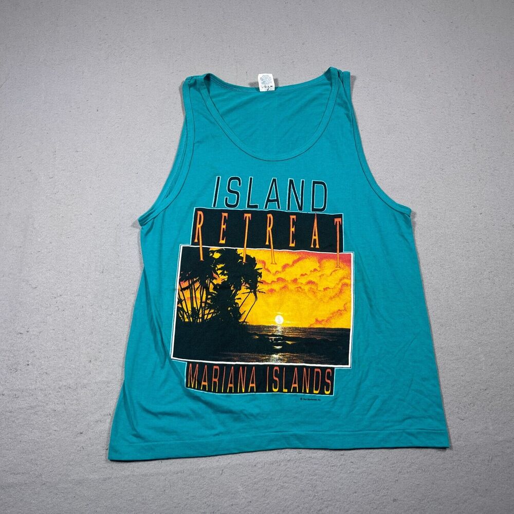 Vintage Island Retreat Mariana Islands Tank‎ Top Tropical Graphic Teal Vacations